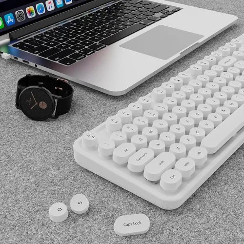 Vista 8 de Combo de teclado y mouse inalámbricos, teclado ergonómico de tamaño completo con diseño retro tipo máquina de escribir, con teclas redondas, Blanco