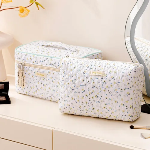 Vista 39 de HBselect Bolsa de maquillaje acolchada, 3 piezas de algodón grande, bolsa de maquillaje de viaje, bonita bolsa de maquillaje floral de coqueta