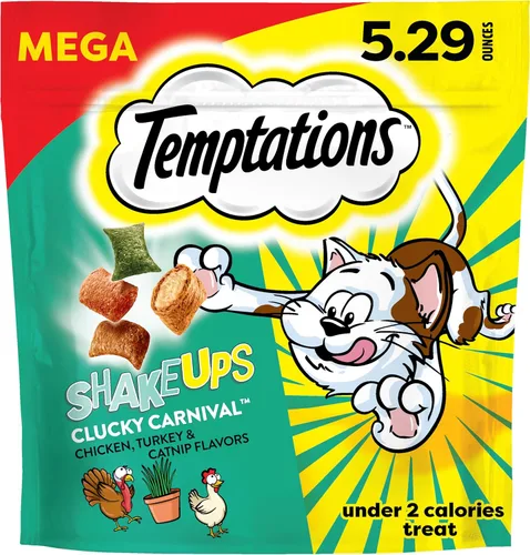 Vista 13 de Temptations ShakeUps - Golosinas crujientes y suaves para gatos, sabor Clucky Carnival, bolsa de 2.47 onzas, (paquete de 12)