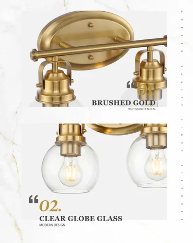 Vista 3 de Gold Bathroom Light Fixtures, 2-Light 14" Vanity Lights with Clear Globe Glass Shades, Farmhouse Vintage Vanity Lighting Fixtures Over Mirror, E26
