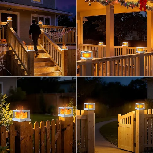 Vista 7 de Luces solares para punta de poste con llama parpadeante al aire libre, luz solar impermeable alimentada por energía solar para poste de cubierta