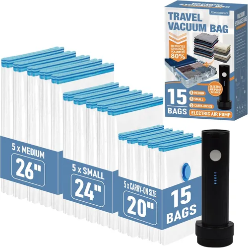 Vista 9 de Bolsas de almacenamiento al vacío de viaje con bomba de aire USB recargable, bolsas de sellado al vacío para equipaje, compresión selladora