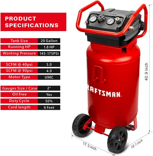 Vista 4 de CRAFTSMAN Compresor de aire, 20 galones, 1.8 HP, herramientas de aire sin aceite, manguera de aire Flexzilla roja y Flexzilla, 3/8 pulgadas x 50
