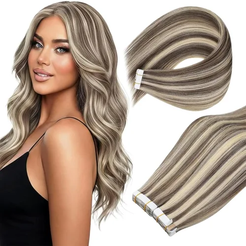 Vista 34 de Ve Sunny Extensiones de cabello humano real con cinta, cabello humano Remy, lacio, doble cara, color marrón oscuro, balayage, rubio dorado oscuro