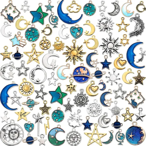 Hicarer 160 piezas dijes para pulseras, dijes mixtos de sol, estrella y luna antiguos, dijes de esmalte plateado celestial para hacer joyas