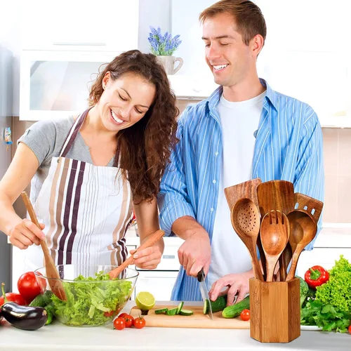 Vista 7 de 7 cucharas de madera para cocinar, utensilios de madera para cocinar, juego de utensilios de cocina de madera de teca natural, utensilios de cocina