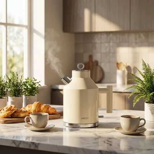 Vista 5 de ASCOT Hervidor eléctrico, interior de acero inoxidable de 1,5 L, sin plástico, 1500 W de ebullición rápida, diseño retro, apagado automático