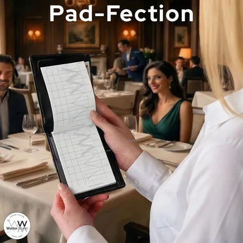 Vista 2 de Waiter Wallet Jr. Pads Paquete de 12 blocs de notas de invitados Bloc de notas perforado y grapado de doble cara para servidor de restaurante