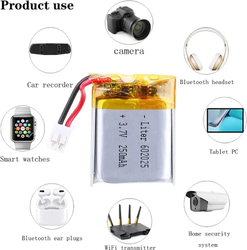 Vista 5 de Batería recargable del ion del polímero de litio de la batería del litro 3.7V 250mAh 602025 Lipo con el conector PH-2.0