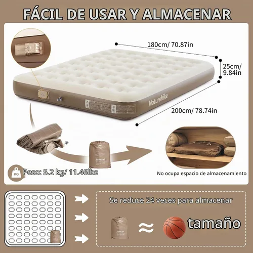Vista 10 de Colchón de aire Naturehike de tela pongee tamaño queen con bomba de alta velocidad incorporada que se detiene automáticamente, colchón hinchable