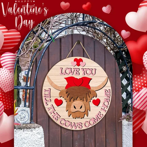 Vista 6 de Letrero de bienvenida rústico con diseño de vaca para el día de San Valentín, decoración para puerta delantera, porche, corona al aire libre