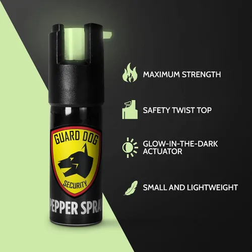 Vista 2 de Guard Dog Security Spray de pimienta que brilla en la oscuridad, liberación rápida, tinte UV, parte superior giratoria, tamaño compacto, fórmula