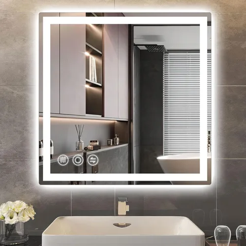 Espejo de Baño LED de 24" x 24" con Iluminación Frontal y Trasera, Espejo de Tocador de Baño Anti-Empañamiento, Espejo de Pared con 3 Temperaturas