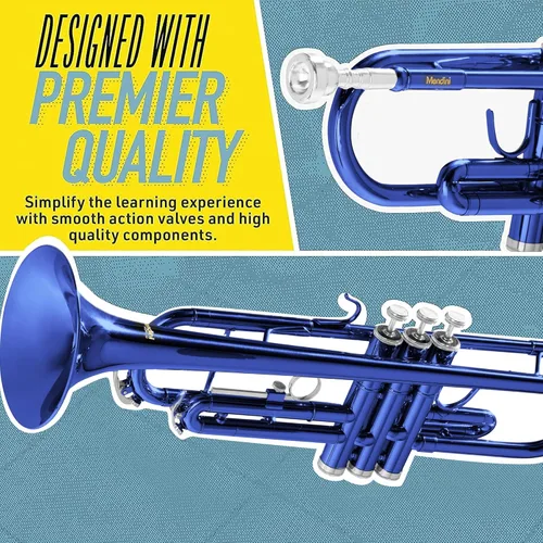 Vista 2 de Mendini de Cecilio Trompeta de latón Bb con estuche de lujo duradero y 1 año de garantía., Azul