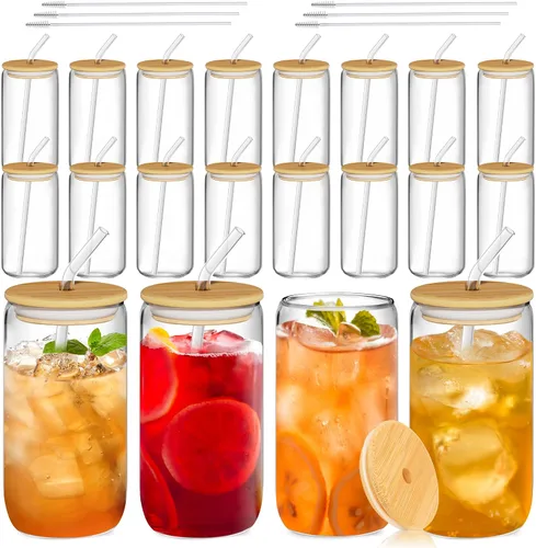 20 vasos de vidrio con tapas y pajitas de bambú, vaso de vidrio de 16 onzas, taza de café helado, vasos con forma de lata para café, té, batido de Naeqieo