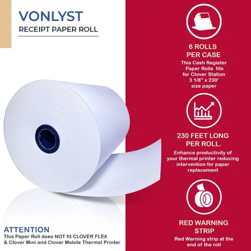 Vista 5 de Rollos de Papel Térmico de Recibo 3 1/8" x 230' para Clover Station (06 rollos)