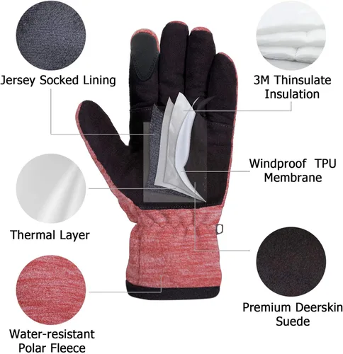 Vista 2 de SKYDEER Guantes cálidos de gamuza de piel de ciervo para mujer, con forro polar y aislamiento térmico 3M Thinsulate para clima frío