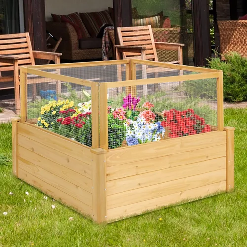 Vista 3 de Giantex Cama de jardín elevada con valla, maceta de madera elevada con valla de protección, contenedor de plantas de 9 rejillas, caja de plantas al