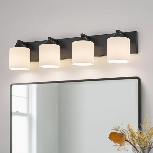 Vista 15 de mirrea Luces de tocador de níquel cepillado de 16 pulgadas para baño, accesorios de iluminación de tocador con pantallas de vidrio blanco grabadas