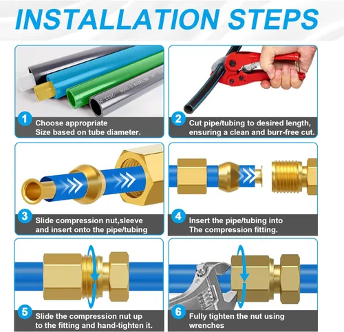Vista 2 de 1/4 Pulgada OD Inserto de Compresión de Latón, Manga con Casquillo, Tuerca 50 Piezas