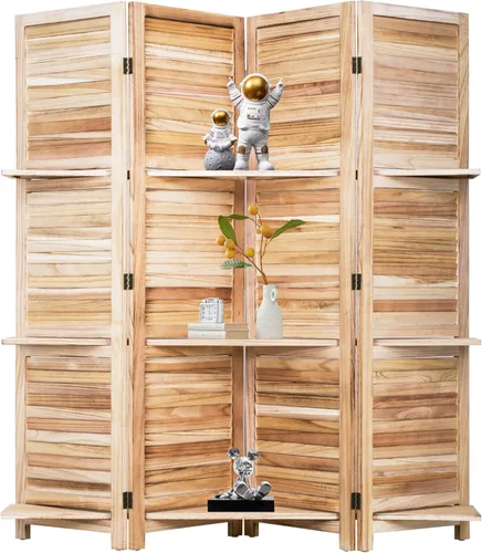 Vista 8 de Divisor de habitación de 4 paneles, pantalla plegable de madera de privacidad con tres estantes inteligentes, divisor de madera portátil para Natural