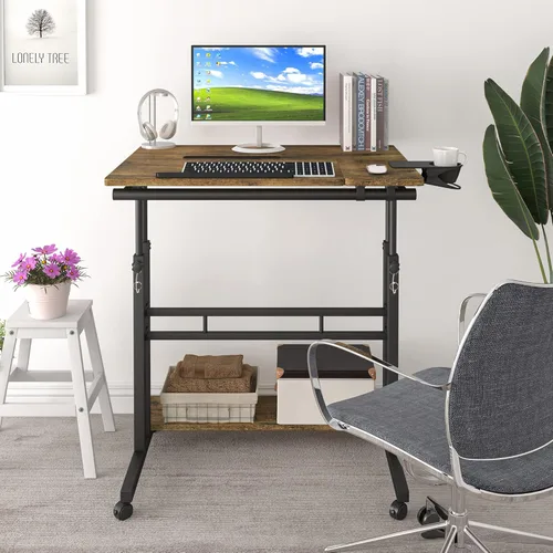 Vista 9 de Escritorio móvil de pie, escritorio ajustable para computadora con 3 escritorios, mesa portátil para laptop con soporte para tazas, estación