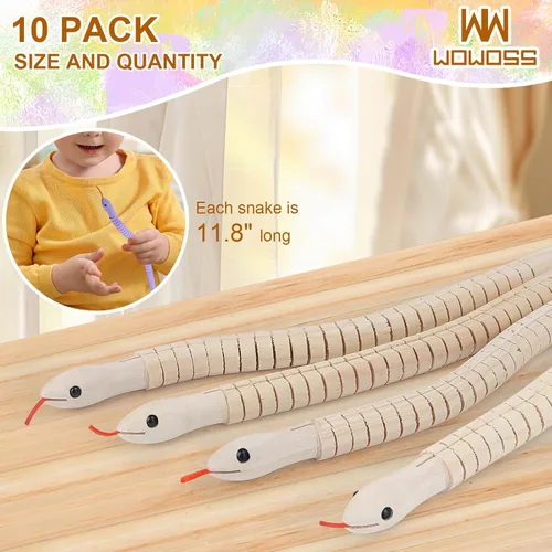 Vista 2 de WOWOSS Juego de 10 serpientes Wiggly de madera sin terminar, juguete de serpiente de madera pintable de Halloween de 12 pulgadas, manualidades