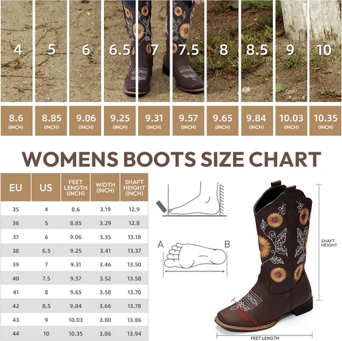 Vista 3 de Botas vaqueras bordadas con girasol para mujer, botas vaqueras con punta cuadrada, botas altas de vaquera para todas las estaciones y ocasiones
