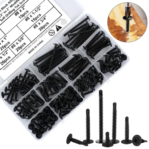Vista 2 de Kit de surtido de 140 piezas de tornillos negros autoperforantes para metal, tornillos TEK autorroscantes de cabeza de armadura modificada de 8# x