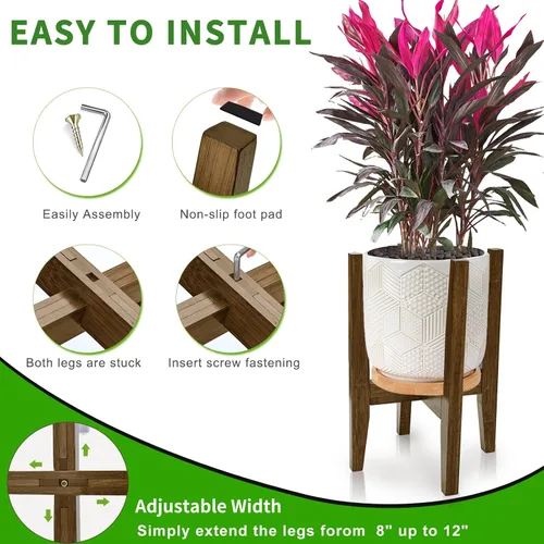 Vista 6 de Soporte para plantas de interior, soporte ajustable de bambú para plantas, estante moderno para macetas, estante para plantas, se adapta a macetas