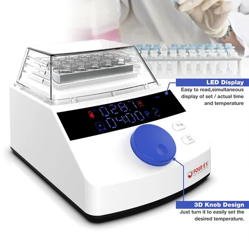 Vista 5 de FOUR E'S SCIENTIFIC Mini incubadora digital de baño seco con tapa transparente, bloque de calefacción de 15 x 0.1 fl oz con control