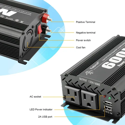 Vista 2 de 600W Inversor de corriente CC 12V a CA (2 tomas) 110V Cargador de coche Adaptador convertidor del inversor con puertos de carga USB duales de 4.2A
