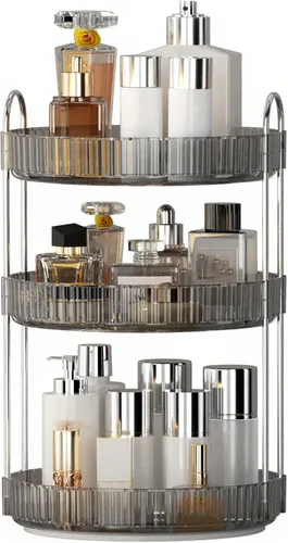 YCIA&DONE Organizador de maquillaje giratorio de 360 grados y almacenamiento para encimera de tocador de 3 niveles, organizadores de cosméticos,