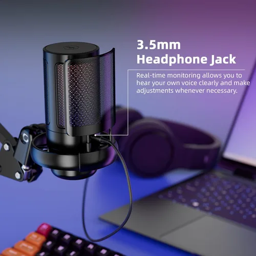 Vista 5 de Micrófono USB para juegos para PC, kit de micrófono de podcast para transmisión, micrófono de condensador con silencio rápido, brazo articulado
