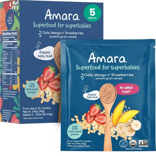 Amara Alimento orgánico para bebés, etapa 3, grano antiguo, cereales para bebés para mezclar con leche materna, agua o fórmula para bebés, alimento