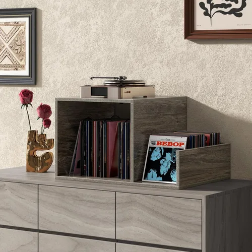 Vista 7 de Giantex Soporte para tocadiscos con estación de carga, soporte giratorio con divisor de vinilo y estante de exhibición, mesa auxiliar moderna