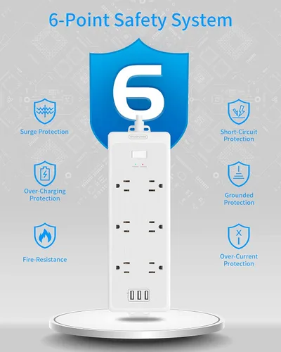 Vista 8 de Regleta de alimentación con 6 tomas espaciadas superanchas con USB, cable de extensión de 10 pies, protector de sobretensiones de enchufe plano