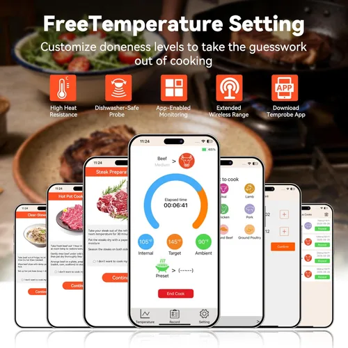 Vista 4 de Termómetro inalámbrico inteligente Bluetooth para carne con aplicación, termómetro inalámbrico para parrilla de barbacoa para horno, ahumador