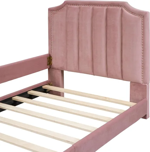 Vista 13 de Harper & Bright Designs Marco tapizado de sofá cama individual para niños, cama de plataforma de terciopelo individual con cabecera clásica