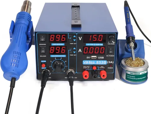 Vista 3 de YIHUA 853D USB 3A-Three Tools- Soldering Station, Hot Air Rework Station and Power Supply 0~3A, 0-15V with output and test modes. Also ºC/°F