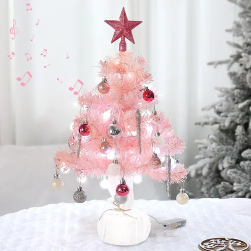 Vista 10 de Mini árbol de Navidad, pequeño árbol de Navidad blanco con luces y música preiluminado, árbol de Navidad artificial de mesa, decoración de Navidad