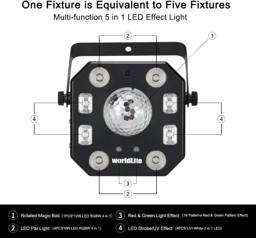 Vista 4 de Luces de DJ de escenario, luz de efecto LED WorldLite 5 en 1 con bola mágica, luces LED de patrón par y estroboscópico/UV, ideal para iluminación