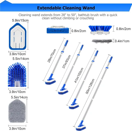 Vista 5 de Lalafancy Cepillo de Limpieza para Ducha con Cabezal de Bloqueo, Cepillo Fregador de Bañera y Azulejos 3 en 1 con Mango Largo Extensible de 50