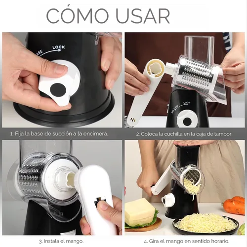 Vista 8 de Cambom Kitchen - Rallador de queso giratorio para queso, manual de cocina con mango, cortador de verduras, nueces, 3 cuchillas de tambor