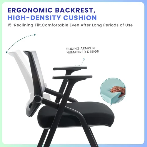 Vista 3 de Paquete de 2 sillas apilables para sala de conferencias con remo, silla plegable de escritorio para oficina, respaldo y brazos de malla para Negro
