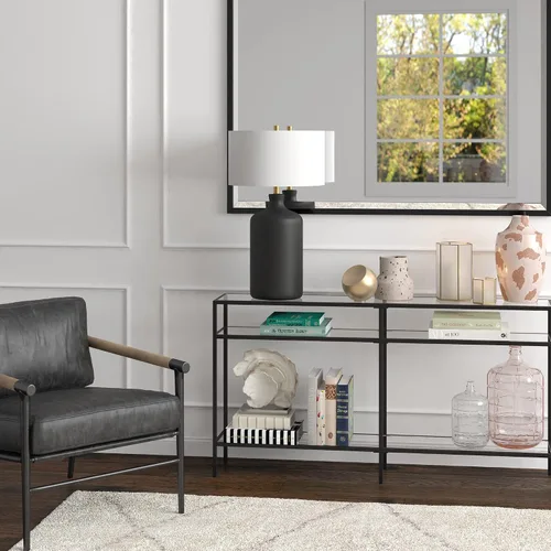 Vista 4 de Henn&Hart Lámpara de mesa de transición de 29 pulgadas con pantalla de tambor de tela blanca para sala de estar, dormitorio u oficina, negro mate