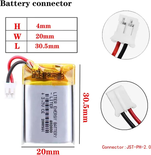 Vista 2 de Liter 3.7V 200mAh 402030 Lipo Batería recargable de iones de polímero de litio con conector JST 0.079 in
