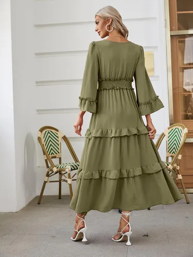 Vista 5 de Amegoya Vestido largo bohemio de manga larga con cuello en V para mujer, vestido largo de compromiso para invitadas de boda