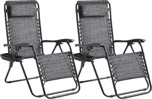 Vista 23 de Zero Gravity - Juego de 2 sillas reclinables plegables de gran tamaño, acolchadas antigravedad con almohada ajustable y portavasos para campamento