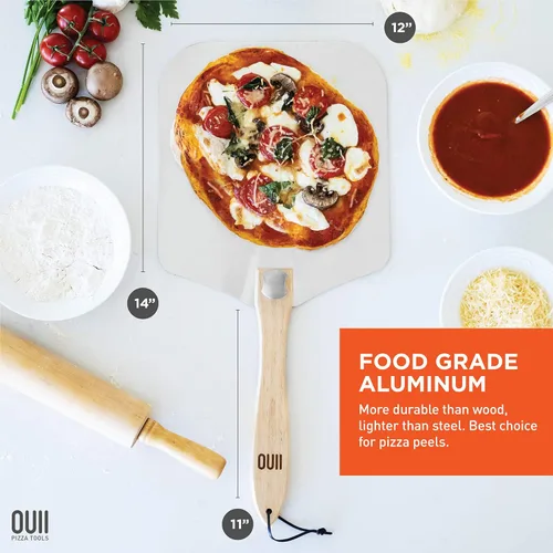 Vista 2 de Pala de Pizza de Aluminio Metal - 12 x 14 Pulgadas. Espátula de Pizza para Horno con Mango de Madera Plegable. Herramientas Accesorios para Horno